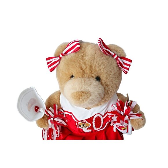 Vintage Build A Bear Cheerleader Bear Red White Cheer Outfit Pom Poms Megaphone - Picture 3 of 6